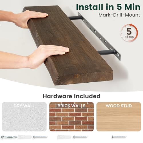 Walnut Live Edge Floating Shelves Set of 2 - 24 Inch Solid Elm Wall Shelves