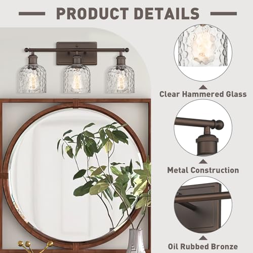 Farmhouse Vanity Light Fixture - 3-Light Oil Rubbed Bronze with Hammered Glass Shades, 21-inch Bathroom Wall Sconce - Up/Down Mounting