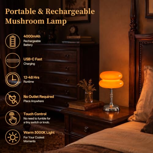 Rechargeable Cordless Mushroom Table Lamp - Touch Dimming Glass Nightlight