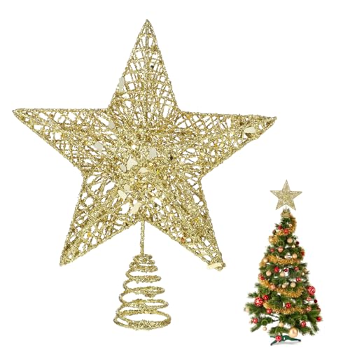 Christmas Tree Topper Glittering Gold Hollow Small Star Mini Christmas Tree Decoration 5 Point Star Xmas Treetop Ornaments (15cm/5.9inches)