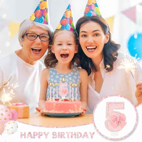 MTLEE 5th Number Birthday Candle Girls Pink Bow Glitter Happy Birthday Number Cake Topper with 10 Long Thin Spiral Cupcake Candle Bowknot Cake Decorations for Wedding Anniversary Princess Theme Party
