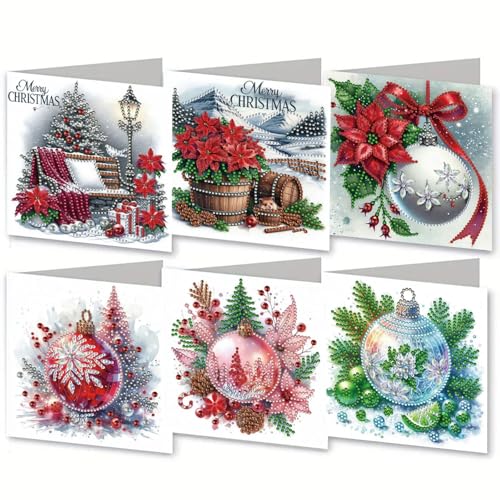 ARTopet 6Pcs DIY Folding Christmas Greeting Card Set with Diamond Art & Decoration Balls