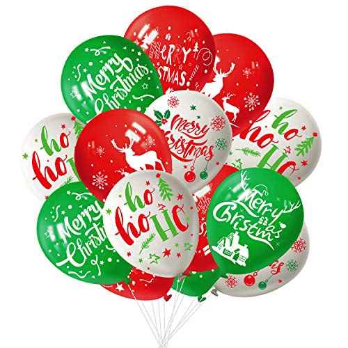 FEPITO 50Pcs Christmas Party Balloon 12 Inch White Red and Green Latex Balloons, 6 Merry Xmas Style for Decoration Party Supplies