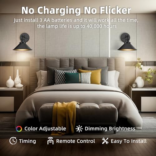 Battery Operated Wall Sconce Set of 2 - Black Wireless Dimmable LED Wall Lights with Remote