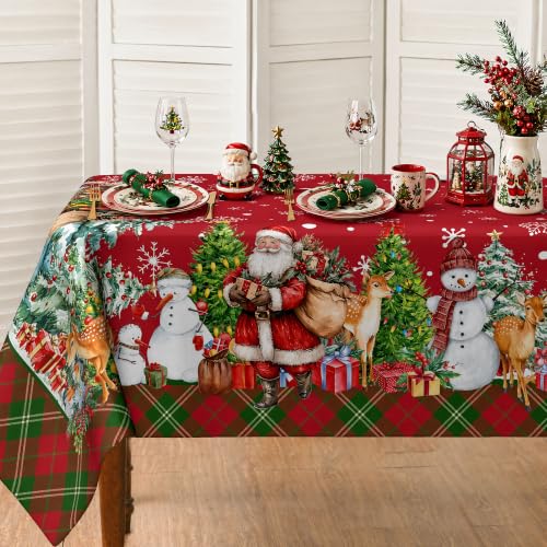JNDJE Christmas Santa & Snowman Water Resistant Tablecloth 60x140 Inch, Farmhouse Holiday Decor
