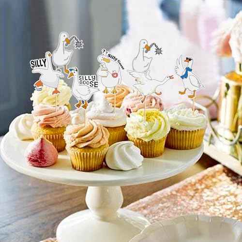 24PCS Silly Goose Cupcake Toppers Birthday White Goose Baby Shower Theme Kids Baby Boy Girl Decorations Party Supplies for Baby Boy Girl Cake Decorations Birthday Party Supplies