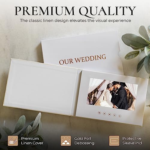 Wedding Video Book - Gold Foil Stamping, 7-Inch HD IPS Display, Up to 3 Hours Memory - Our Wedding Gold Variation