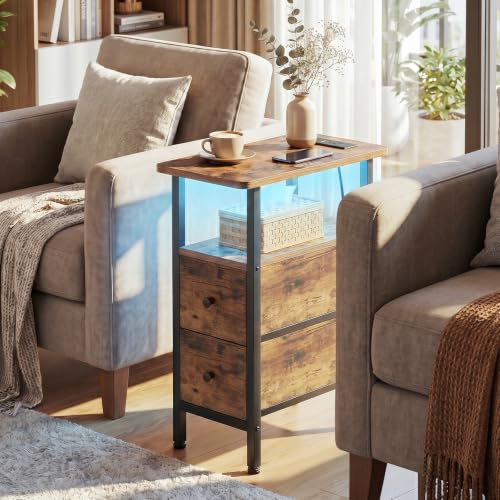 LOAKEKEL Rustic Brown Nightstand with Charging Station & LED Light - Narrow End Table for Living Room