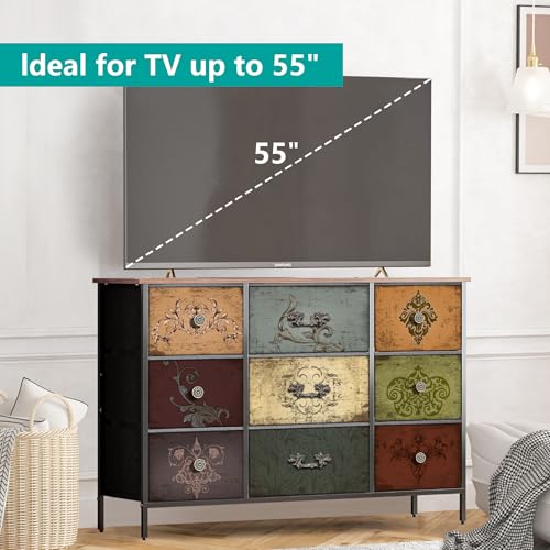 VASICAR Bedroom Dresser with 9 Deep Fabric Drawers - 11.8"D x 43.3"W x 29.9"H, Pattern Variation