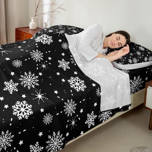 Erosebridal Christmas Bed Sheets Magical Snowflakes Sheet Set for Kids Girls Boys Black and White Bed Sheet Set Full Size Glitter Star Flat Sheet Deep Pocket Room Decor with 2 Pillow Cases, Black