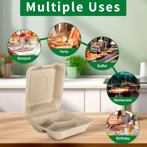 Aricsen 100 Pack 8x9 Inch Eco-Friendly 3-Compartment Takeout Food Containers