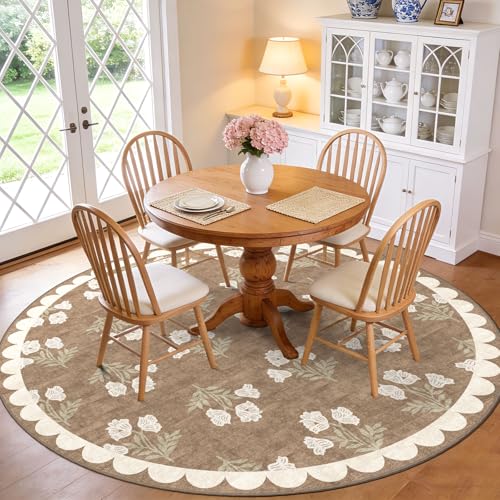 Round Area Rug 6ft - Soft Washable Vintage Floral Carpet for Living Room - Tan