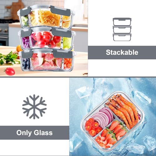 VERONES 5 Pack 36oz Grey Glass Food Storage Containers with 3 Compartments