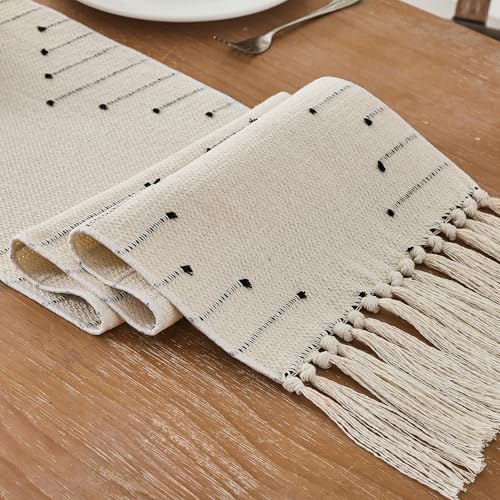 Zkanac Boho Table Runner 72in with Handmade Tassels, 70% Cotton 30% Linen, Beige/Black, 12x72