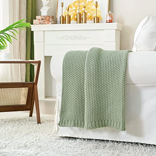 Longhui Bedding Light Green Chunky Cable Knit Throw Blanket 51 x 63 in - 100% Organic Cotton