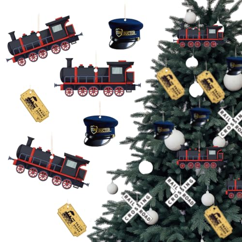 Oudain 12 Pcs Christmas Express Decor Train Ornaments - 4 Styles, Wooden Train Tickets, 2.76in - Variation: 12 / Train