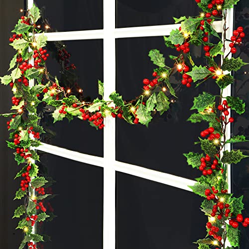 ATDAWN 9 FT Red Berry Christmas Lighted Garland, Battery Operated Christmas Garland with Lights, Flexible Artificial Garland for Indoor Home Fireplace Christmas Holiday New Year Decoration