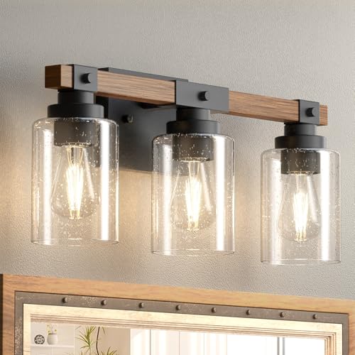 Amico 3-Light Farmhouse Vanity Light - Seeded Glass, Black & Wood Variation