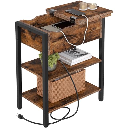 HOOBRO Rustic Brown & Black End Table with Charging Station, Flip Top Nightstand with USB & Outlets, Narrow Side Table for Small Spaces