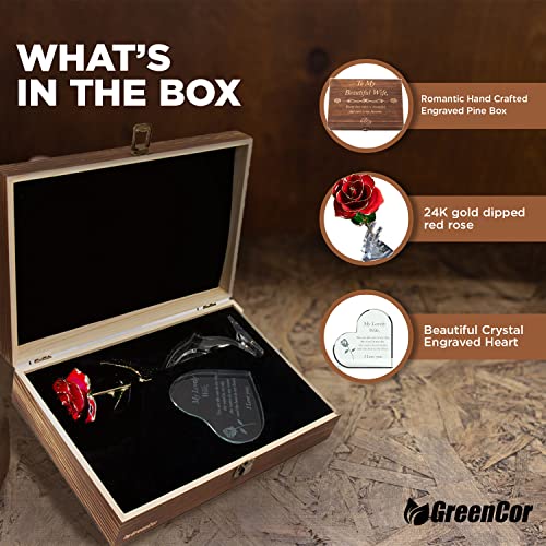 Wife Gift Valentine's Day Wooden Gift Set with Engraved Heart & Gold Dipped Rose - Wife Variation