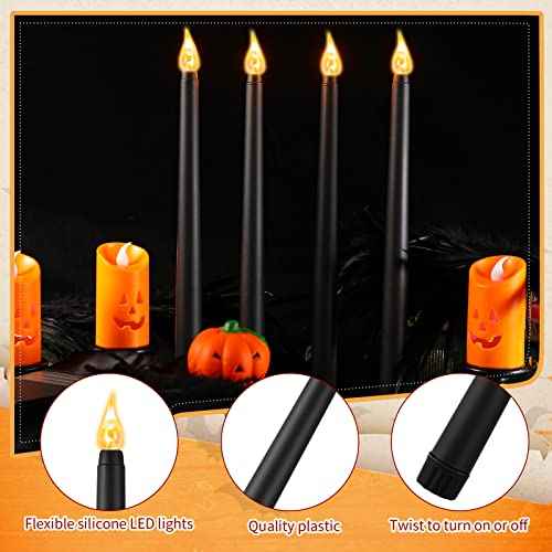 Honoson 4 Pieces Halloween LED Taper Advent Candles Flameless Taper Flickering Candles for Halloween Christmas Advent Rituals Holidays Church, Celebration Home Decor(Black,Classic Style)