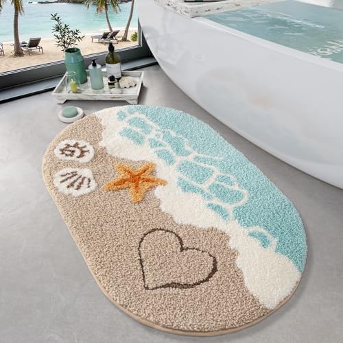 LUMI Blue Beach Bathroom Rug 22x34 Inch Microfiber Absorbent Bath Mat