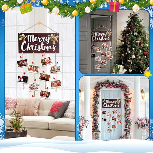 Brown Christmas Card Holder with 30 Snowflake Clips – Wooden Photo Display