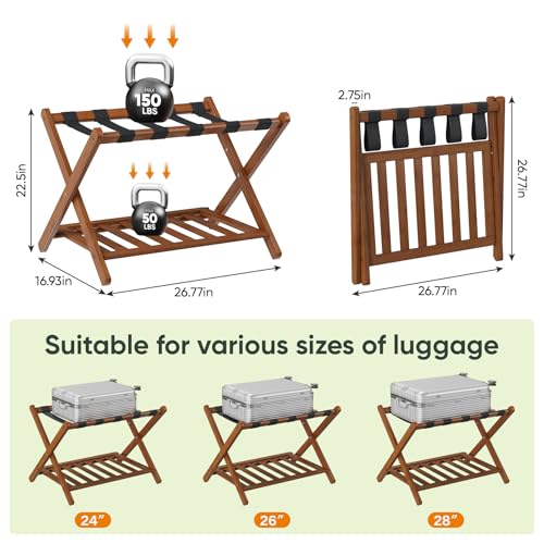Smart FENDEE Walnut Fully Assembled Bamboo Luggage Rack with Shoe Shelf - Heavy-Duty Suitcase Stand for Guest Room, Bedroom, Hotel, 1 Pack