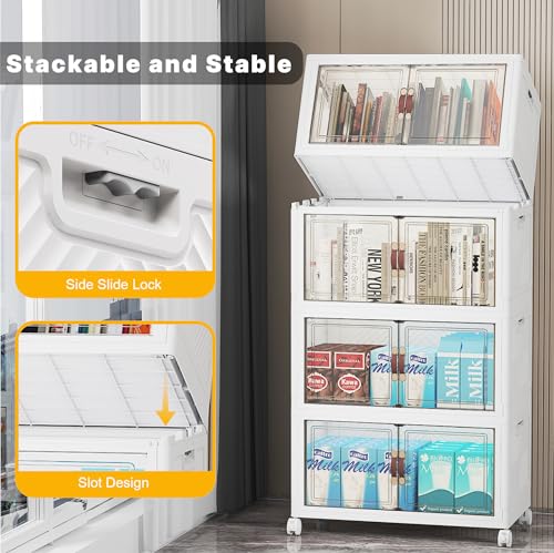 White 52QT Stackable Storage Bins with Lid - 4 Pack with Wheels & Front Access