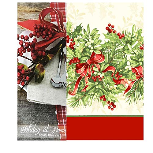 Newbridge 120x60 Inch Christmas Holly Ribbon Tablecloth - Holiday Festive Decor