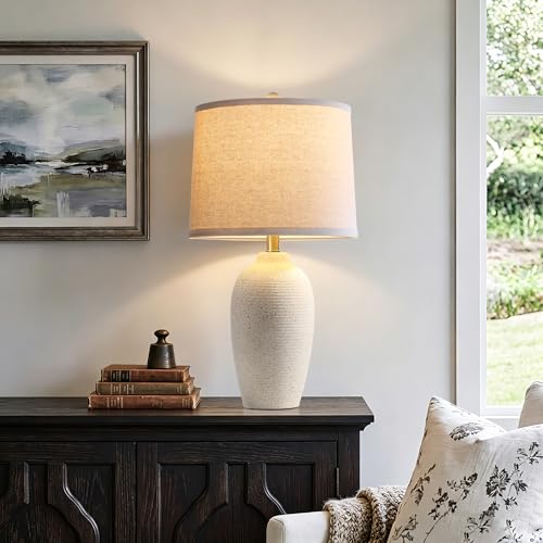 AIEAMPDO 25-Inch Modern Farmhouse Ceramic Table Lamp - Beige White