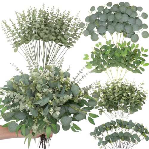 Daynight 240 Pcs Artificial Eucalyptus Stems Bulk - Mixed Green Foliage for Decor