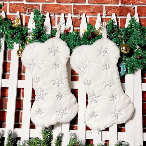 SherryDC White Plush Bone Christmas Stockings for Pet 2 Packs, Snowflake with Silver Foil Stamping, Holiday Hanging Socks for Fireplace Xmas Decor