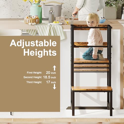 INNOD Wooden Toddler Step Stool with Safety Rail - Adjustable Kitchen & Learning Tower