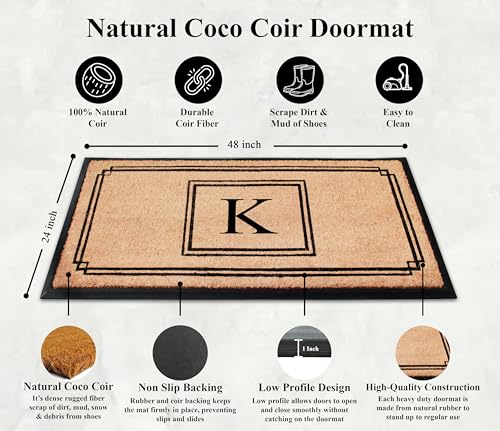 Monogrammed Coir Doormat Outdoor Entrance - Heavy Duty, Low Profile, Anti-Shed, Easy to Clean - Variation K