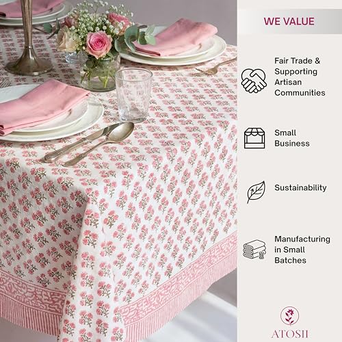 ATOSII Gulbahar White Pink 100% Cotton Fall Rectangle Tablecloth,