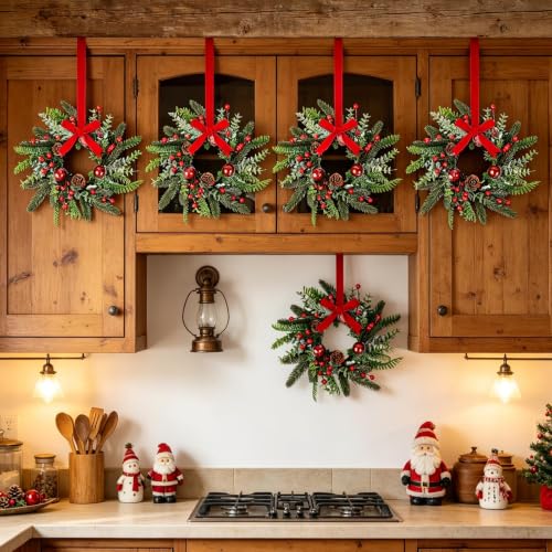 YLOLUL 12 Pcs Mini Christmas Wreaths with Ribbon - 9 Inch Holiday Kitchen Decorations