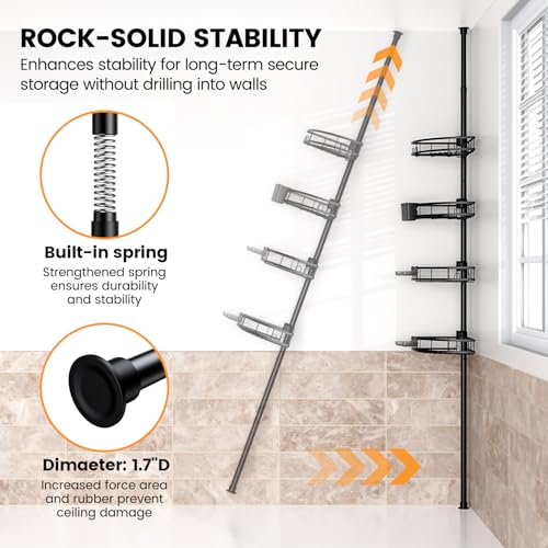 Foukus Matte Black Adjustable Tension Pole Shower Caddy - Rustproof Corner Bathroom Organizer