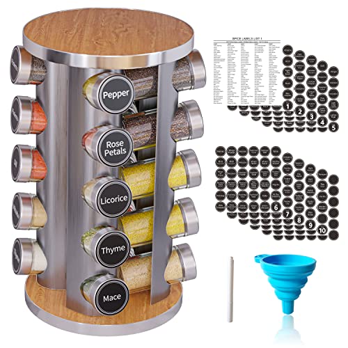 Revolving Spice Rack Set with 20 Jars, Kitchen Tower Organizer for