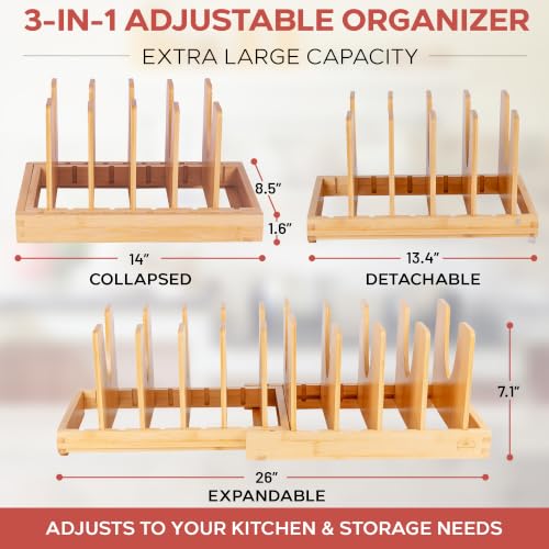 Expandable Bamboo Pot Lid Organizer with Magnetic Lock for Kitchen Cabinets