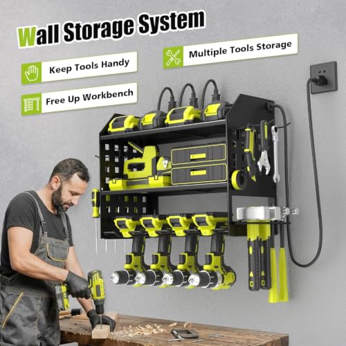 Power Tool Organizer Wall Mount with Charging Station - 3 Layers, 4 Drill Holders, Black