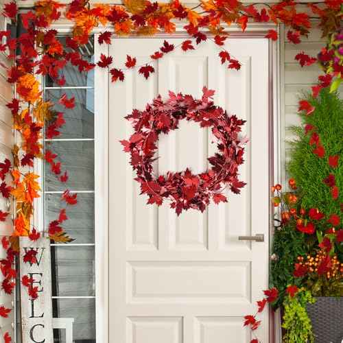 CCINEE 75 Feet Thanksgiving Wire Garland for Fall Decoration,Red Maple Leaf Wreath Hanging Metallic Tinsel Garland for Home Indoor Harvest Decor 3 Roll