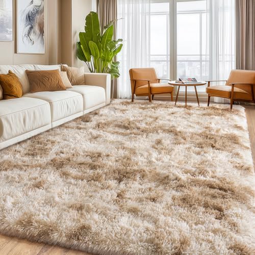 6x9Ft Tie Dye Camel Area Rug - Soft Shaggy Fuzzy Carpet for Living Room - Rectangular