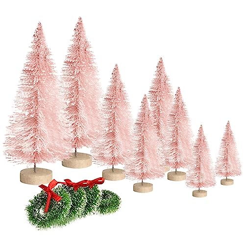 8pcs Mini Christmas Tree, Artificial Bottle Brush Trees with Wood Base, Tabletop Miniature XmasTrees with 4 Small Christmas Wreath, Fake Xmas Tree Ornament, White Christmas Tree for Christmas D?cor