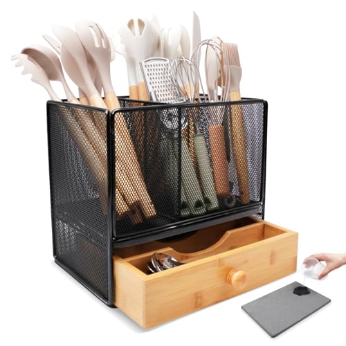 Extra Large Kitchen Utensil Holder with Drawer and Drying Base – Countertop Organizer for Cooking Tools