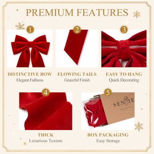 Senjie Velvet Christmas Bows 2" Wide, Red, 10-Pack – Pre-Tied Decorative Tree Garland Wreath