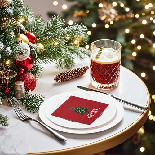 Wrapaholic 50 Pcs 3-Ply Christmas Napkins 6.5x6.5 Red with Tree & Merry
