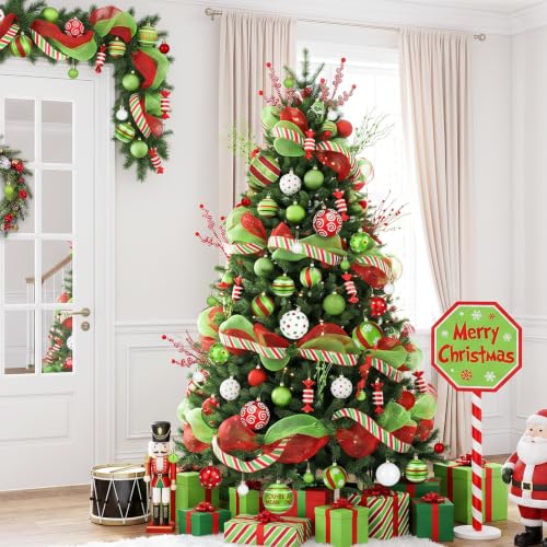 94Pcs Red Green White Christmas Ornament Set with Glitter Berry Stems & Ribbons