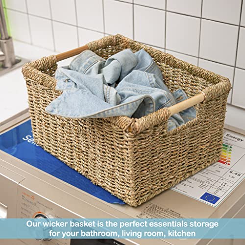 Seagrass Wicker Basket Set - Large Rectangular Storage Baskets with Wooden Handles, 3 Pack