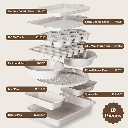 Cream Nonstick Stackable Bakeware Set - 10 Pcs Space-Saving Kitchen Baking
